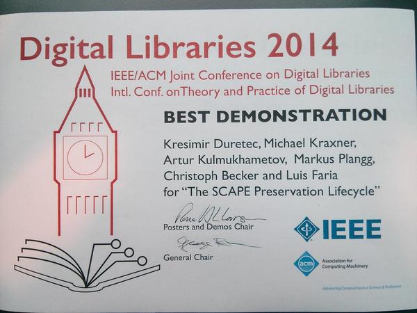 AKulmukhametov's tweet photo. Best Demo - The @SCAPEproject Preservation Lifecycle. Congrats! #dlib2014 http://t.co/z7hExlD6Nf