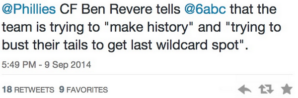 FanDuel's tweet image. The Phillies are 9 back with 17 to play. Ben Revere still likes their chances: fanduel.com/insider/2014/0…

#Philllies