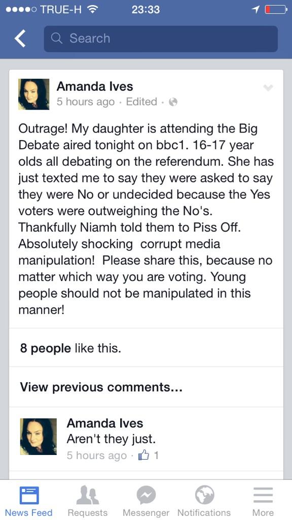 JamesMcLeirigh's tweet photo. BBC at it again, telling kids to say they're No voter because "too many Yes already" #Scotland #BigBigDebate #VoteYes http://t.co/JCfYRFNI3v