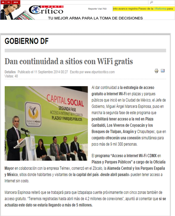 EdgarAGlezRojas's tweet photo. Con el acceso a Internet #WiFiCDMX en plazas y parques públicos cada mes cerca de un millón de personas se conectan http://t.co/Y1tVJc4dZo