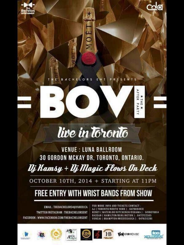 The after party of BOVI LIVE IN TORONTO. DJ Kamsy and DJ Magic Flows would be spinning.
#grabyourticketsnow