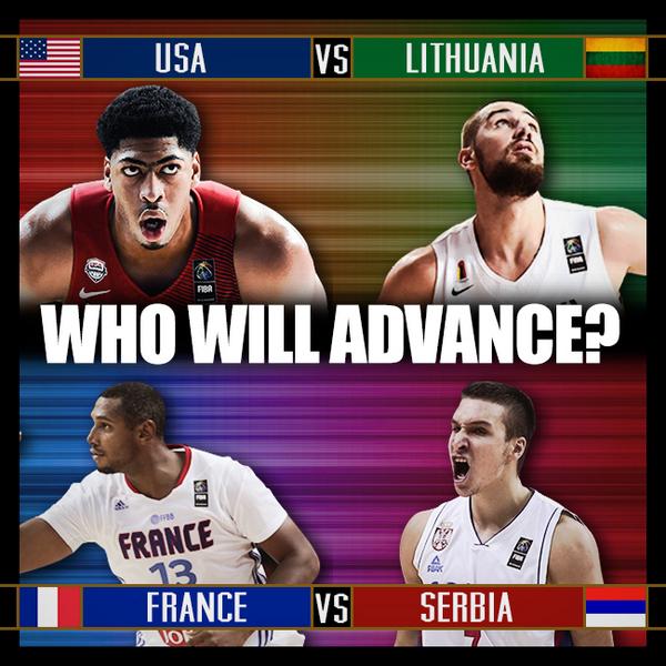 NBA's tweet photo. The @FIBA #Spain2014 Semis tip-off with @usabasketball / LITHUANIA at 3pm/et on ESPN. Who will meet in the Finals?? http://t.co/R3O6csfmjK
