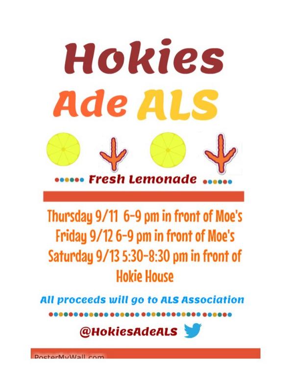 HokiesAdeALS's tweet photo. Come out to Moe's on north main from 6-9 pm to get some killer lemonade! All profits go to the ALS Association! http://t.co/d7AuhiA55s