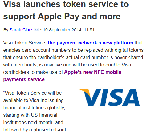 NFCwi's tweet photo. #ChampProche
http://t.co/rOk677iOAm
Visa launches #NFC token service to support Apple Pay http://t.co/JwKbsGla0Q