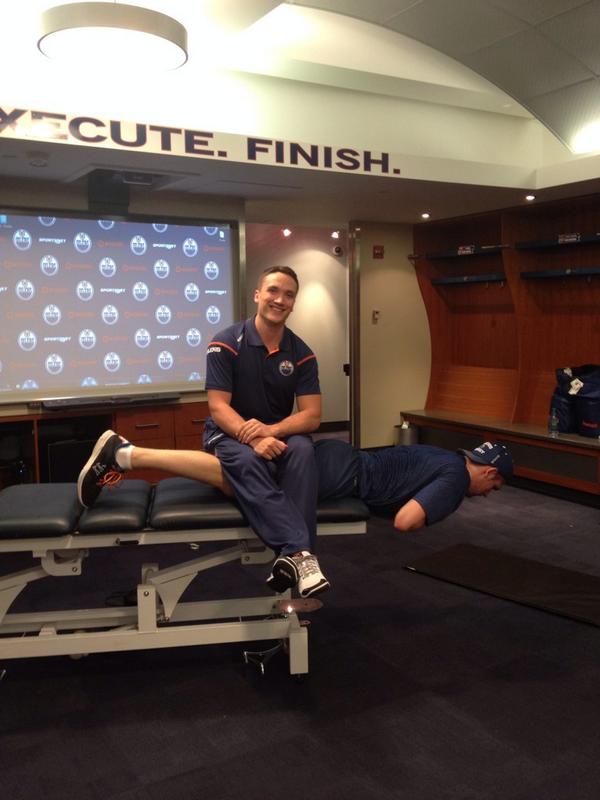 bodybybennett's tweet photo. Joel is helpin Draisaitl with his ISO back extension test. Looks like he is enjoying it too much! #bodybybennett http://t.co/9mhUZ8Kbpf