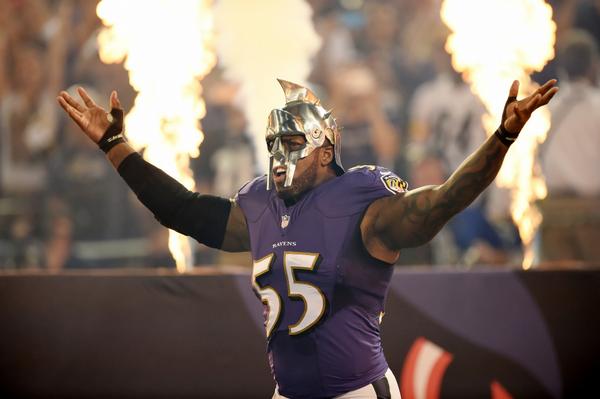 ARE YOU NOT ENTERTAINED?!? Terrell Suggs ran onto the field Thursday wearing a gladiator helmet.