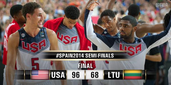 FIBA's tweet photo. Thompson stars as the USA down Lithuania to romp into #Spain2014 Finals!
#USAvLTU Boxscore: http://t.co/9sXN3wavsx http://t.co/t1P3ZaYWyg
