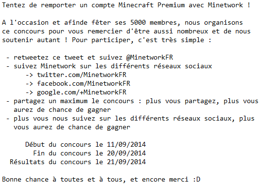 MinetworkFR's tweet photo. #Concours : tentez de gagner un compte Minecraft Premium en 3 clics ! #RT #BonneChance http://t.co/IM7b6hMVtc