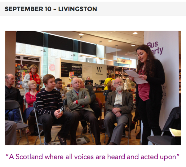 busparty2014's tweet photo. Day 10: Livingstine at Waterstone's Bookshop #TourofThoughts #BusParty2014 #indyref http://t.co/muo3GFFRMr
