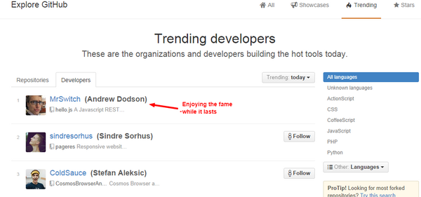 setData's tweet image. I feel very smug when i say, I'm trending at the top of @github today github.com/trending/devel…  - ta @newsycombinator