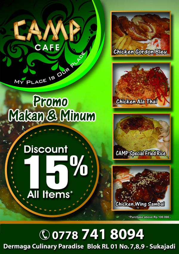 Camp Bar &amp; Cafe <a href="/DermagaCulinary/">DermagaSukajadi</a> PROMO!!!
Diskon 15% All item Food &amp; drink.
Check this out guys..numm numm