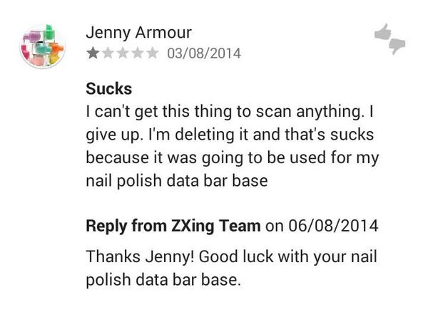 Yinkster's tweet image. The #zxing team (creators of most popular barcode scanner on Android) have a great attitude towards silly comments