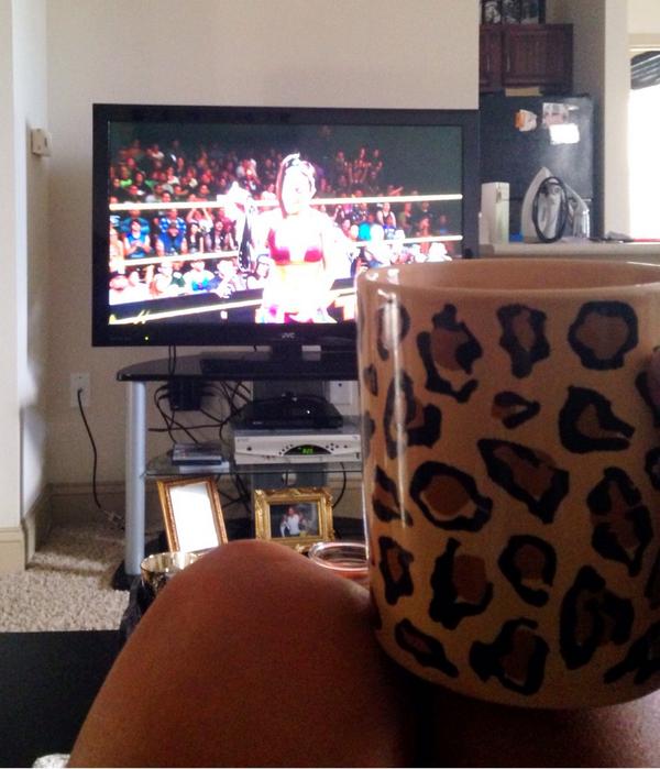 CarmellaWWE's tweet photo. #NXTTakeover was so good I'm watching it again this morning with my coffee! #leopardprintmug 💁 http://t.co/X8eaIPwTBr