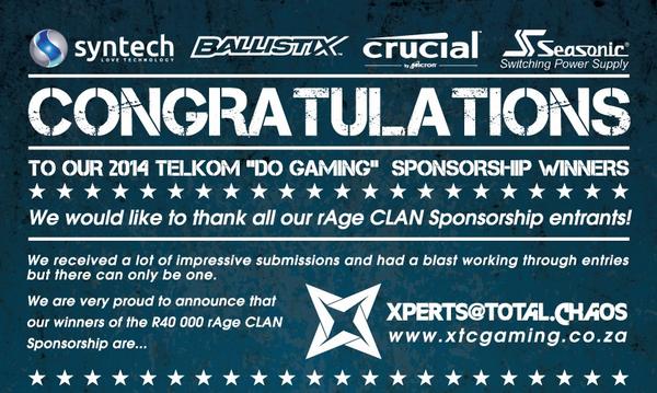 SyntechSA's tweet photo. #Crucialsponsorship #Ballistix #Seasonic We are very proud to announce the winners of the R40 000 rAge Sponsorship http://t.co/KBoTYbyhHM