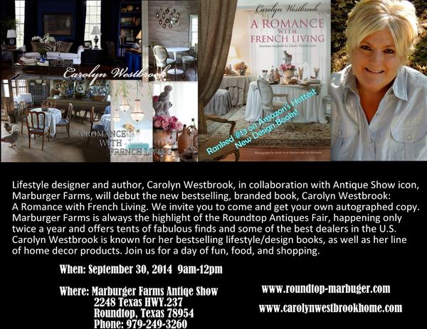 cwestbrookhome's tweet photo. Excited about our debut book signing at Marburger Farms Antique Show...check out details at www.carolynwestbrookhome. http://t.co/DrTfHWeXXU