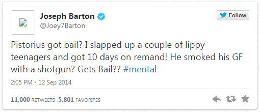 voetbalzonenl's tweet photo. Joey Barton begrijpt niets van de uitspraak in de zaak van Oscar Pistorius. http://t.co/BrDtQikhFj