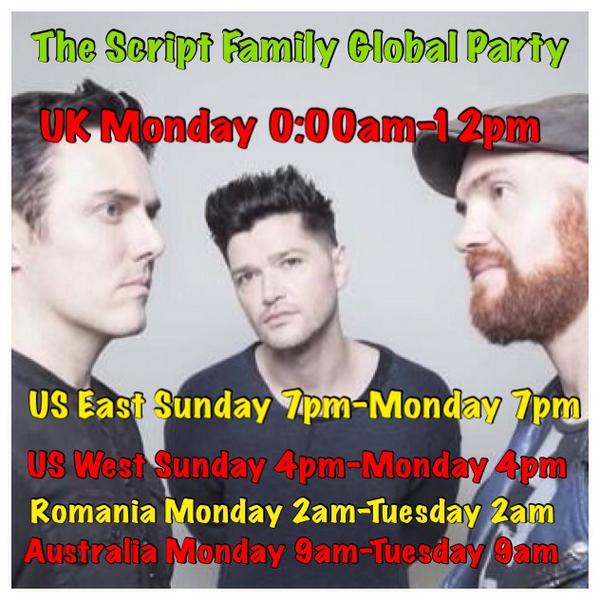 USAScriptFamily's tweet photo. You all know about the big PARTY on Monday, right?"Details: http://t.co/8uUR5t1jZB  #TheScriptFamilyGlobalParty http://t.co/pZCvm6oq2c"