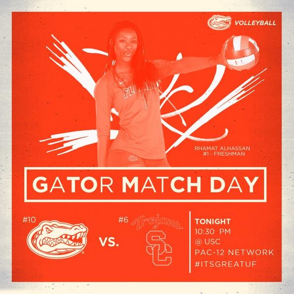 GatorsVB's tweet photo. It's Match Day! The #Gators take on No. 6 USC tonight at 7:30p PT/10:30p ET at the Galen Center in Los Angeles! http://t.co/eEegXWyWYc