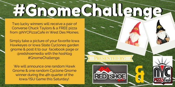BrendaJWebber's tweet image. Take the #GnomeChallenge with @REDSHOEMedia &amp;amp; @NYCpizzacafe! Win a FREE #pizza &amp;amp; a pair of Chuck Taylors! #CyHawkWeek