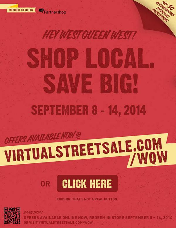 snapdEtobicoke's tweet photo. Support SHOP LOCAL during the #wqw #virtualstreetsale & get great local offers until Sep 14: http://t.co/ybu6ZHB2y0 http://t.co/GrO4YE3oAL