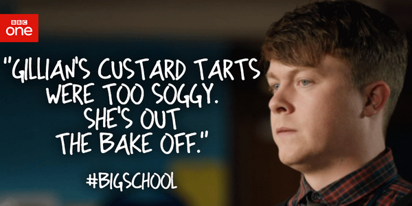 MightySeraphim's tweet photo. News of a soggy bottom certainly does travel fast. #BigSchool #GBBO http://t.co/KdTJIwRE61"
