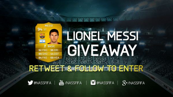 NassFIFA's tweet photo. LIONEL MESSI GIVEAWAY! RT &amp; Follow to enter! Winner announced tonight at 9:30PM (UK TIME) *XBOX &amp; Playstation! http://t.co/XU8i8cMhmg