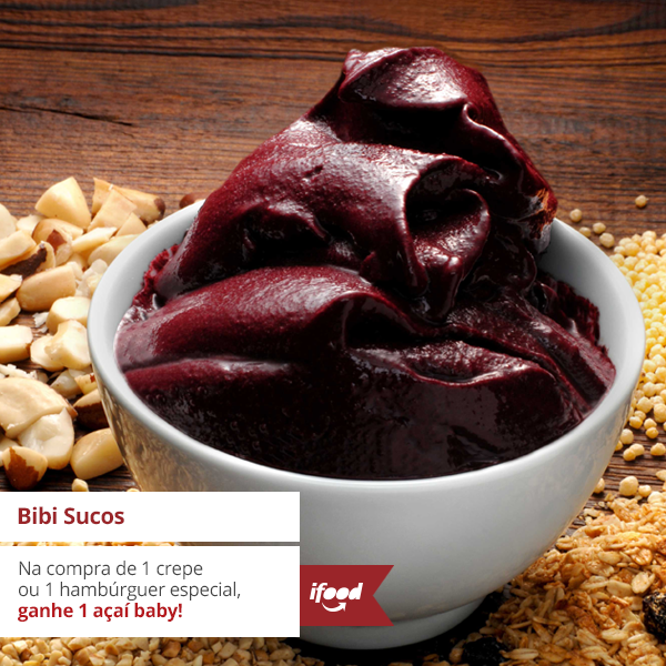 iFood's tweet photo. Promo #AçaiGrátis do #BibiSucos continua Compre 1Crepe ou 1Hambúrguer especial Leve 1Açaí Baby http://t.co/uFIBF0Ay7o http://t.co/MSc3yw83yr
