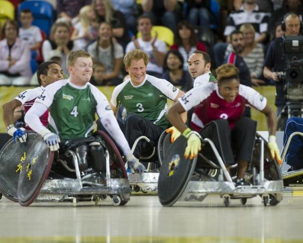 DefenceHQ's tweet photo. Prince Harry takes to the court in the Copper Box @invictuslondon for an exhibition Wheelchair rugby match. http://t.co/PQ3M2NTngU