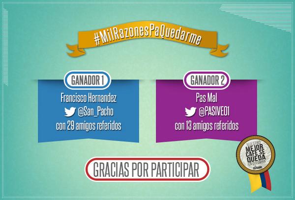 CafeLukafe's tweet image. ¡Felicitaciones a @San_Pacho y @PASIVE01, nuestros felices ganadores de anchetas @CafeLukafe!
