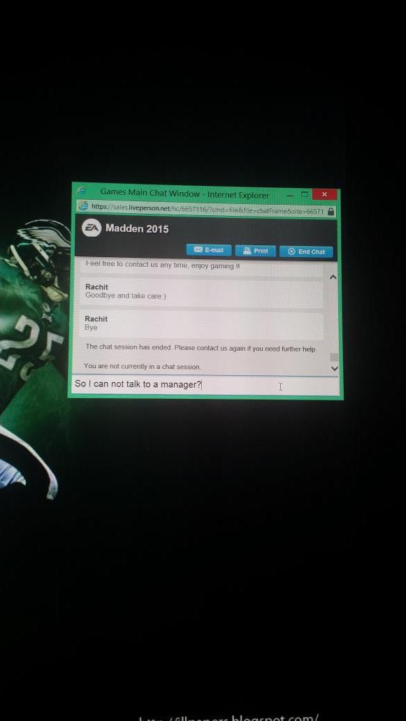 MUTPhilly10's tweet photo. @AskEASupport @EAMaddenNFL  worst service I have ever had. Ended the chat on me and didn't let me speak to manager http://t.co/gIYswfNcoC