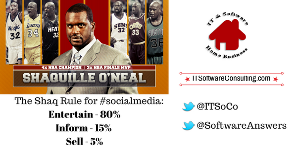 SoftwareAnswers's tweet image. The Shaq Rule for #socialmedia
Entertain - 80%
Inform - 15% 
Sell - 5%

#ITSoCo
#ITSoftwareConsulting
#HomeBusiness