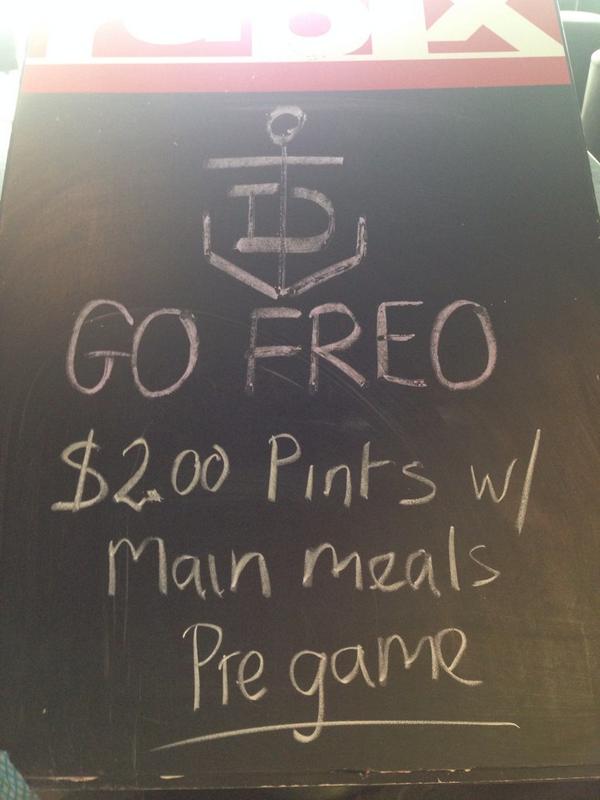 #GoFreo As promised $2 Pints with all main meals. <a href="/Fremantle_FC/">Follow @freodockers</a> <a href="/IbisPerth/">Hotel Ibis Perth</a>