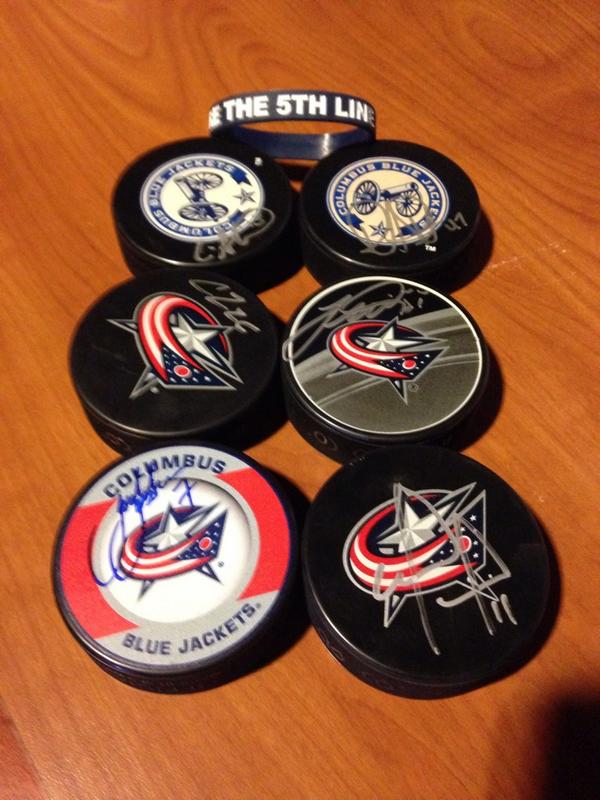 thathikerchic's tweet photo. My collection grew tonight. Atkinson, Calvert, Prout, Johnson, Tropp, and Wisniewski. ❤️💙❤️💙❤️💙 #CBJ #CBJFanFest http://t.co/zFgzcSXKRc