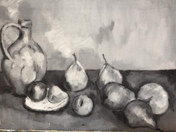 Been quiet on #paintseptember but this one yesterday - tonal copy of Cezanne's still life in oils #thedailysketch