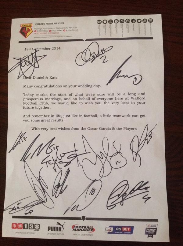 DanielOwens1979's tweet photo. Many thanks to @watfordfcsays for their contribution to an unforgettable wedding day. #watfordfc #DanAndKateDo http://t.co/jCba6iKbC7