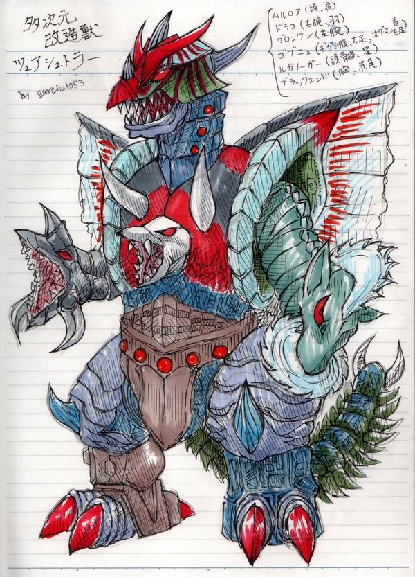 ガルシア ほぼ毎週ウルトラ怪獣絵 Ar Twitter リプで来た怪獣上から5体で合体怪獣作る 色々あって7体の要素を取り入れることとなった合体 怪獣 その名も 多次元改造獣ツェアシュトラー ゴブニュの技術でルガノーガーを中心に合体させたイメージです Http T