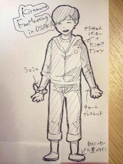ファンミ大阪神谷さんのお衣装レポ。ホテルのメモ用紙に描いたら小さくて等身低くなっちゃったw白黒すみません! 