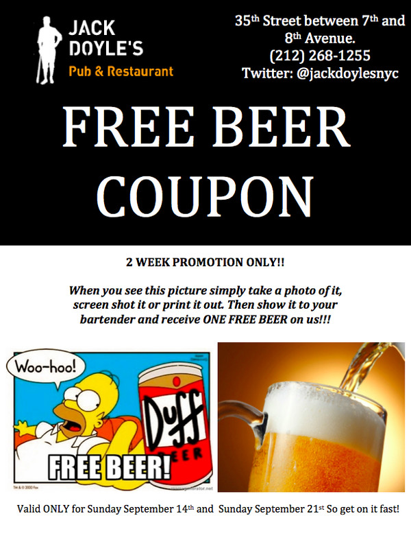 PeepsOutPup's tweet photo. Join us tomorrow for @PeepsOut Sunday Football @JackDoylesNYC! Oh yeah...Free beer!  #NYC #Vikings #NFL http://t.co/i1Rb7arPsg