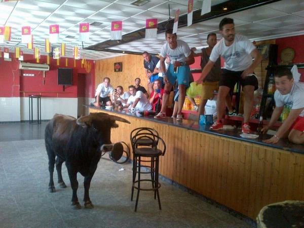 PacoLopezpress's tweet photo. Susto mayúsculo en Villamayor: toro sale del recorrido de sus encierros y termina en un bar. Foto: @FranRodriguez86 http://t.co/GEv0CGm5TY