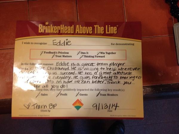HarperTravis77's tweet photo. Recognition is blowing up at CHILIS BP. #todayschilis #fresh #allaligned @JDMac760 @LBennecke @ChilisShane http://t.co/lWxwgpTL7F
