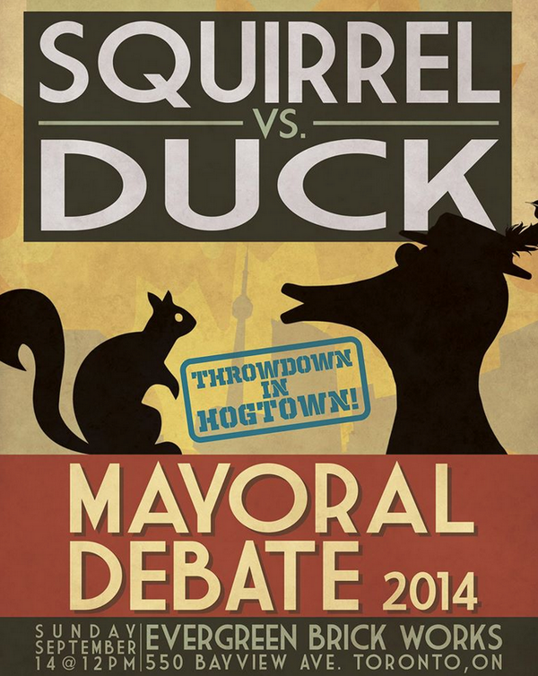duckformayor's tweet photo. Come down to @EvergreenCanada Brickworks this Sunday, Duck For Mayor goes up against @MayorSquirrel, you heard right http://t.co/V6hGOppyH3