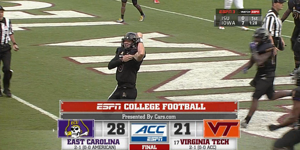 ESPNCFB's tweet photo. ECU stuns #17 VaTech 28-21. ECU QB Shane Carden 23/47, 427 Yards, 3 TD, 1 Rush TD #ECUvsVT http://t.co/Rdom8GNwhW