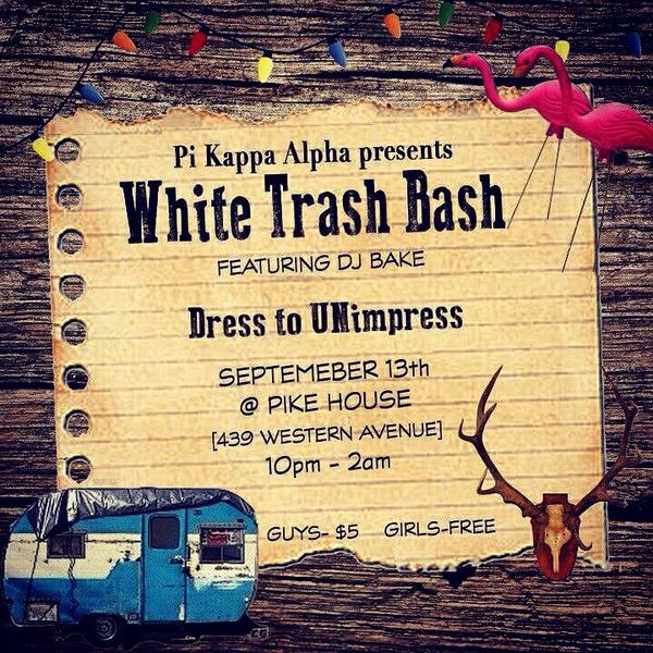 DJBake91's tweet photo. Tonight is the night! It's goin down at the @UCA_Pikes White Trash Bash! Ladies Free! #RushPike http://t.co/9YvM2aeqfT