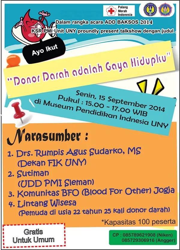 <a href="/kmhd_uny/">KMHD UNY</a> Yuk Ikut Talkshow "Donor Darah adalah Gaya Hidupku" | Senin,15 Sep 14 | 15.00 WIB  | di MPI UNY #Gratis