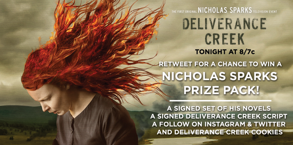 RT for a chance to #win a @NicholasSparks prize pack before #DeliveranceCreek tonight at 8p mylt.tv/WV2txY