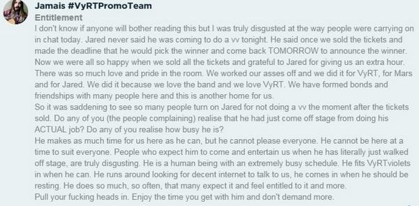 JamaisVuDhu's tweet photo. Pull your heads in. Jared is a person with a busy schedule. #SupportMars #VyRT #youarenotentitledtohim http://t.co/T8FoLsro0i