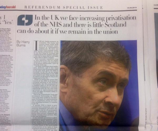 AlexSalmond's tweet photo. Powerful article by former chief medical officer Sir Harry Burns in Sunday Herald on Westminster threat to our NHS http://t.co/EZ6eWBBGwe