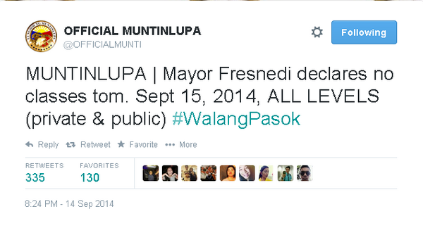 tristan_ramirez's tweet photo. “@sbcasec: No classes tomorrow Monday, Sep. 15. #BedanBuzz2014 #StaySafeBedans http://t.co/Jw6xq37CLD”