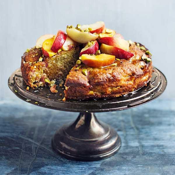 Fragrant ripe British peaches lend a succulent texture to this peach, pistachio &amp; honey cake bit.ly/1q8Y8Pv