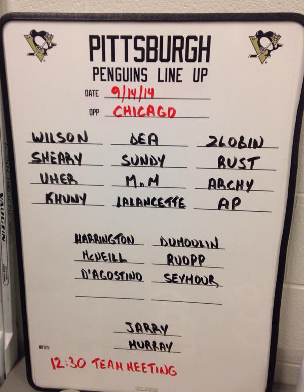 penguins's tweet photo. #Pens lines for today's rookie tournament game against Chicago. Tristan Jarry is in net. http://t.co/hlb54hxbl8